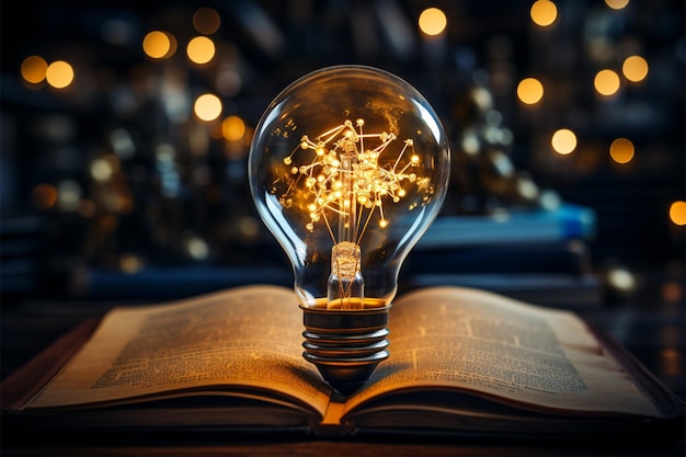 Le intuizioni illuminate La lampadina sopra il libro significa idee creative coltivate attraverso la lettura
