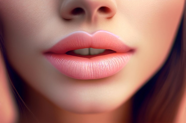 Le labbra di una donna sono mostrate con un lucidalabbra rosa.