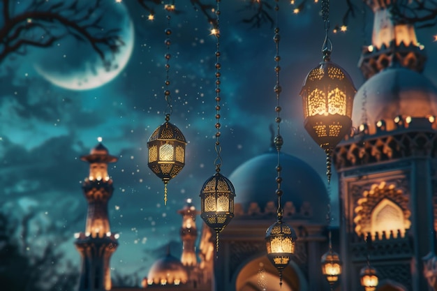 Le lanterne brillano calorosamente sullo sfondo del crepuscolo lanciando luci dolci vicino a una moschea durante il Ramadan