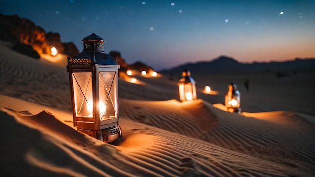 Le lanterne brillano nel deserto di notte