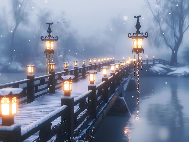 Le lanterne che brillano dolcemente conducono attraverso il ponte ghiacciato generato da Ai