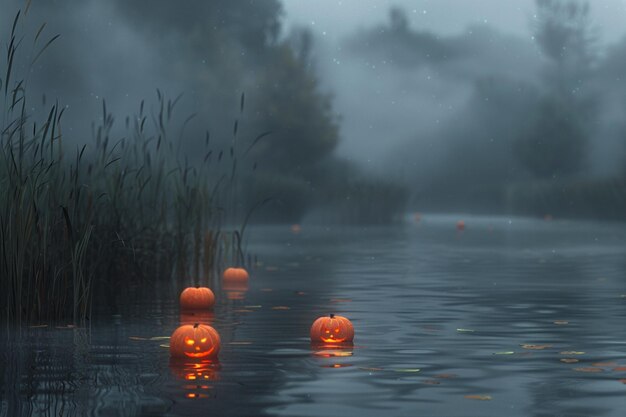 Le lanterne galleggianti su un lago nebbioso lanciano orrore