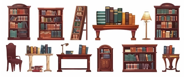 Le librerie, le pile di scaffali aperti e i tavoli e le sedie di legno con lampade raffigurano il contenuto di una biblioteca pubblica come un set di illustrazioni di cartoni animati