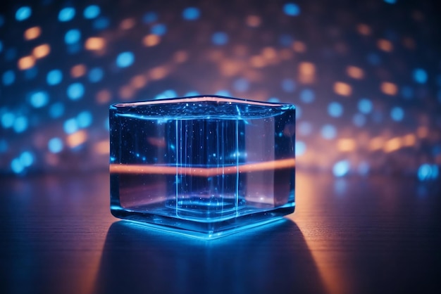 Le linee luminose blu penetrano nello sfondo del senso della tecnologia del cubo fluttuante