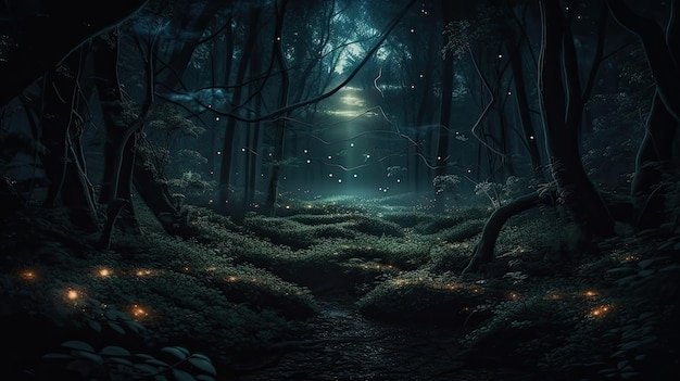 Le lucciole dorate si illuminano nella magica strada forestale notturna nei colori blu e verdi