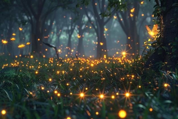 Le lucciole luminose creano un magico bagliore della foresta