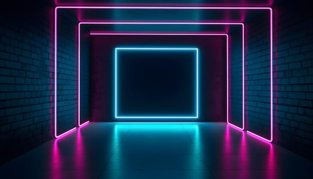 Le luci al neon colorate del palco futuristico mettono in scena lo sfondo della stanza e lo sfondo del podio vuoto per l'esposizione del prodotto o le presentazioni astratto moderno Perfetto per vetrine e progetti moderni Rendering 3D