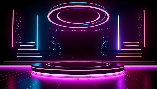 Le luci al neon colorate del palco futuristico mettono in scena lo sfondo della stanza e lo sfondo del podio vuoto per l'esposizione del prodotto o le presentazioni astratto moderno Perfetto per vetrine e progetti moderni Rendering 3D