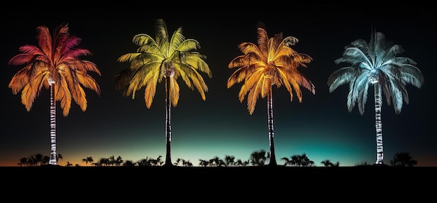 le luci degli alberi sono su alcune palme a colori brillanti nello stile dei dettagli orientati