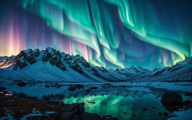 Le luci del nord con le stelle nel cielo notturno nelle montagne innevate Aurora borealis sopra il lago