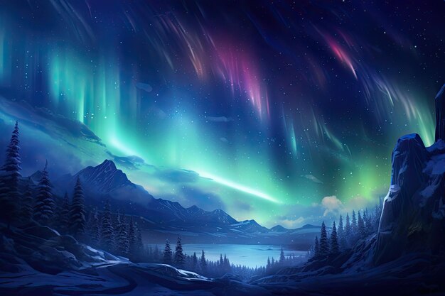 Le luci del nord nel cielo notturno sopra la foresta invernale rendering 3D AI Generato
