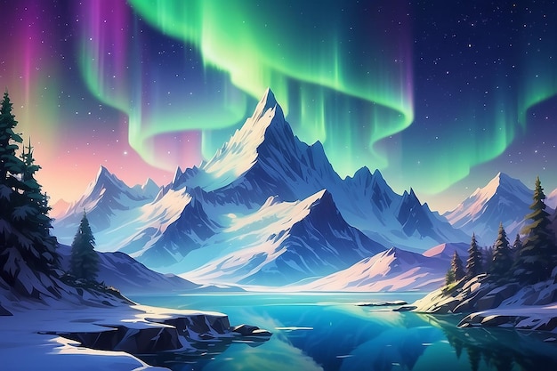 Le luci del nord sopra le montagne innevate giocando a RPG sullo sfondo astratto