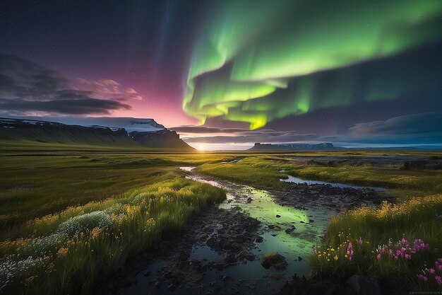 Le luci del nord sul paesaggio paludoso con fiori selvatici a Landmannarlaugar, in Islanda