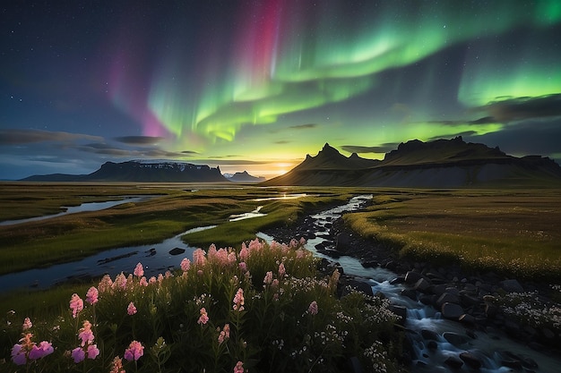 Le luci del nord sul paesaggio paludoso con fiori selvatici a Landmannarlaugar, in Islanda