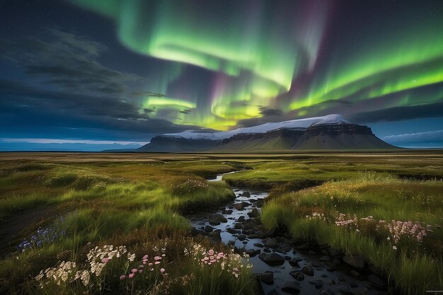 Le luci del nord sul paesaggio paludoso con fiori selvatici a Landmannarlaugar, in Islanda