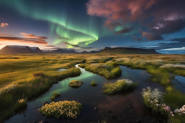 Le luci del nord sul paesaggio paludoso con fiori selvatici a Landmannarlaugar, in Islanda