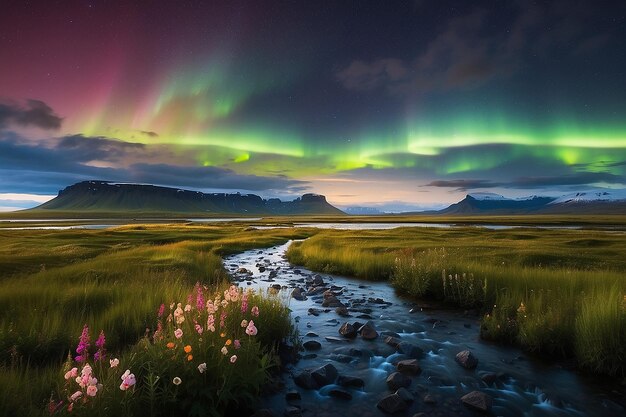 Le luci del nord sul paesaggio paludoso con fiori selvatici a Landmannarlaugar, in Islanda