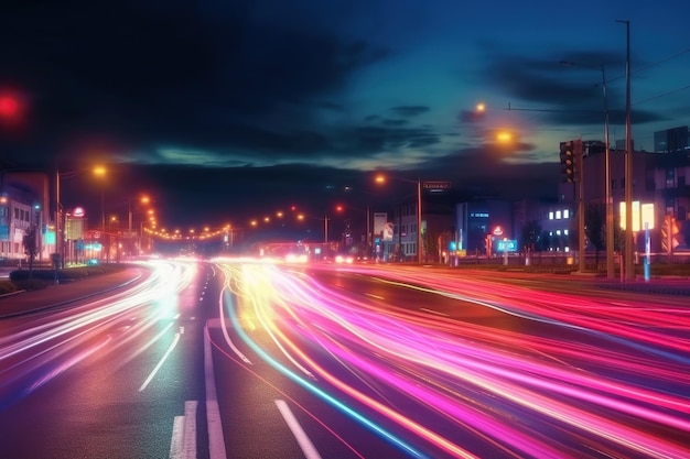 Le luci dell'auto accelerano il movimento Ai arte Notte paesaggio urbano