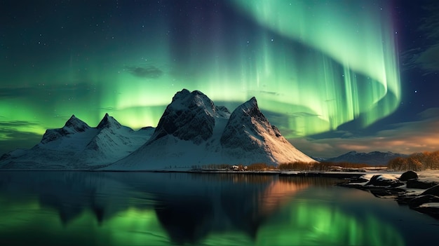 Le luci mozzafiato dell'aurora boreale risplendono sulle pittoresche montagne norvegesi delle Lofoten