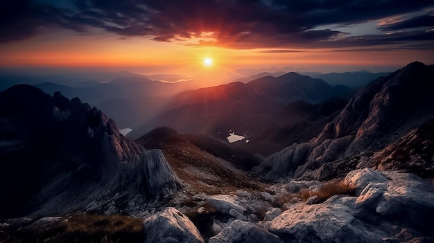 Le maestose catene montuose e il lungo passaggio con la magia della luce e del cielo al tramonto Ai generato