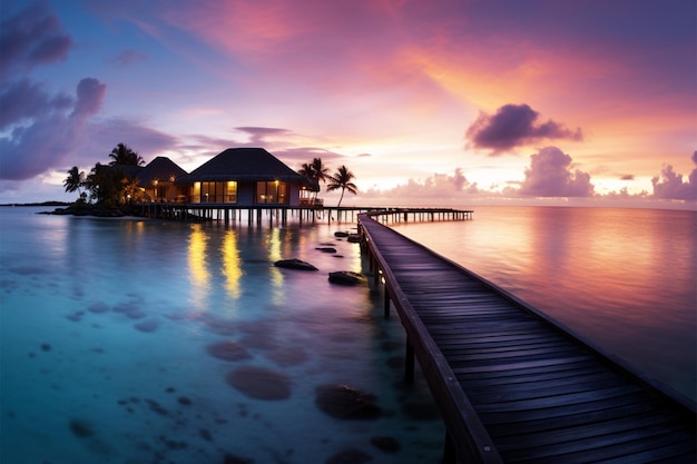 Le Maldive al tramonto Paradiso di spiaggia con cieli colorati ville d'acqua e tranquillità