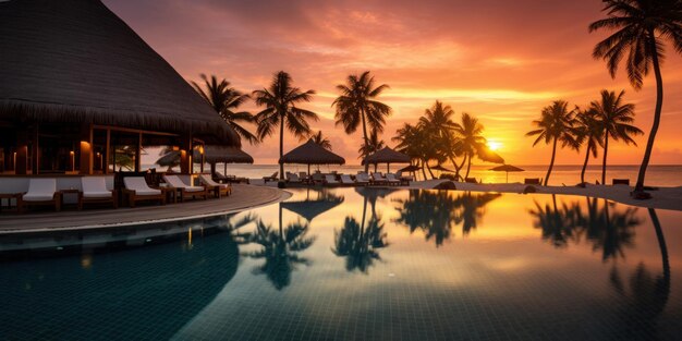 Le Maldive in una località turistica sull'isola al tramonto