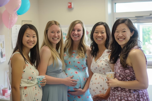 Le mamme, piene di eccitazione per il terzo trimestre, si riuniscono con sorrisi e incoraggiamento per celebrare il loro viaggio di gravidanza.