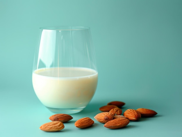 Le mandorle e un bicchiere di latte si distinguono su uno sfondo blu calmante offrendo uno spuntino sano e salutare