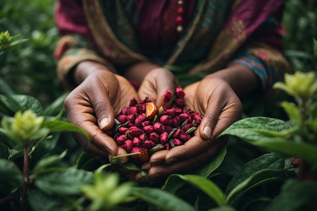 Le mani asiatiche della donna raccoglitrice di tè si chiudono ragazza graziosa che raccoglie il tè in piantagione