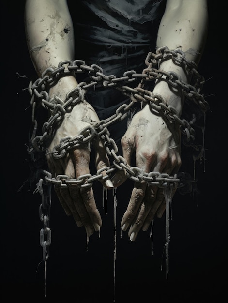 le mani avvolte attorno a catene di metallo simboleggiano la restrizione e la prigionia che toglie la libertà