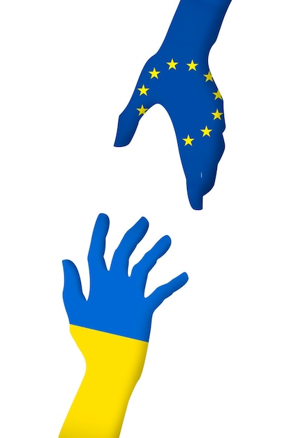 Le mani che si protendono l'una verso l'altra sono dipinte con i colori delle bandiere dell'Ucraina e dell'Unione Europea