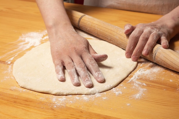 Le mani con il mattarello producono l'impasto per la pizza Processo di preparazione della cottura della pizza italiana su un tavolo di legno