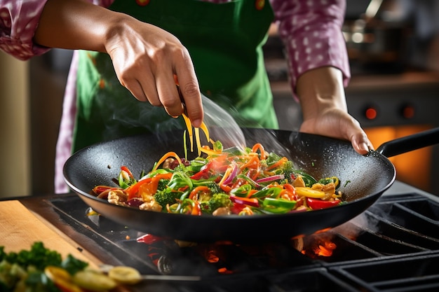 Le mani degli chef che tengono una ciotola di verdure fritte contro uno sfondo di cucina