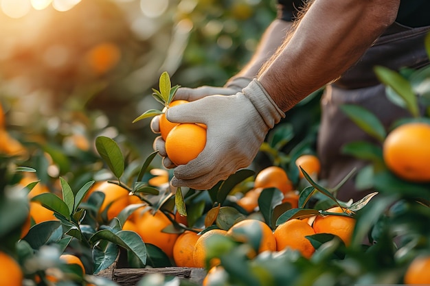 le mani degli uomini raccolgono mandarini arancioni maturi in scatole sulla piantagione nel frutteto in autunno