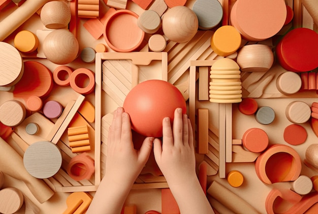 Le mani dei bambini giocano con una varietà di giocattoli di diversi colori generati