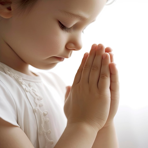 Le mani del bambino in posizione di preghiera su sfondo bianco