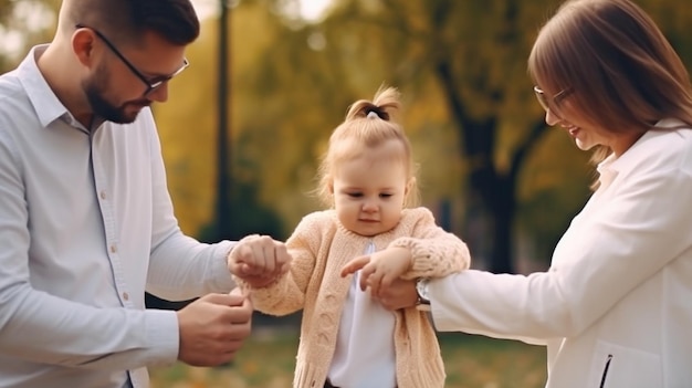 Le mani del bambino sono nell'IA generativa dei genitori una famiglia gioiosa nel parco