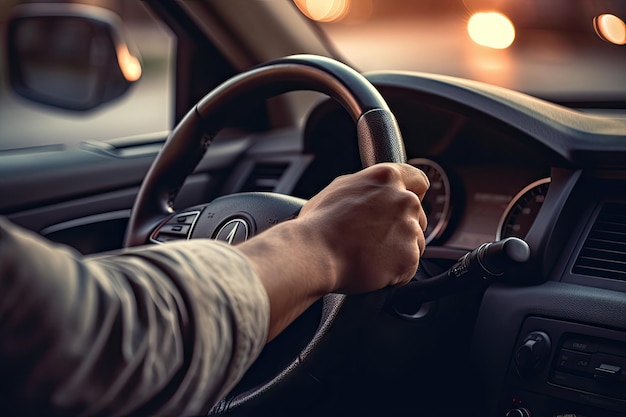 Le mani del conducente sul volante del minivan su strada