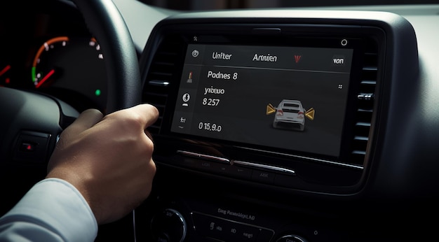 le mani del conducente tengono la palla del veicolo e lo schermo con funzioni touch digitali generativa IA