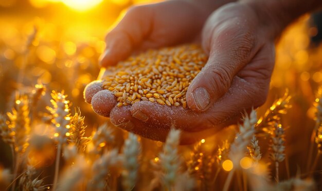 Le mani del contadino sul campo di grano con i chicchi d'oro