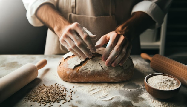 Le mani del fornaio, spolverate di farina, formano meticolosamente una pagnotta di pane rustico