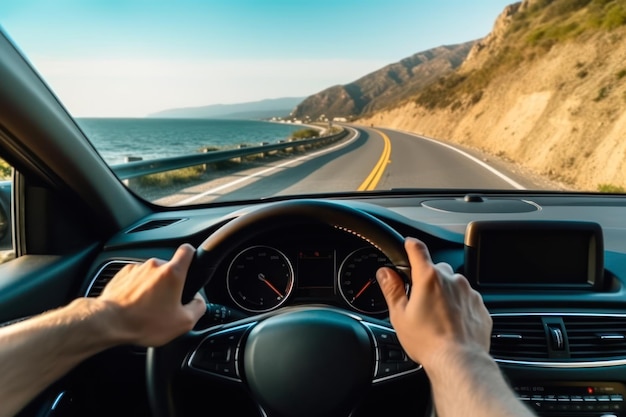 Le mani del guidatore tengono il viaggio sul volante verso il mare in auto generativa ai