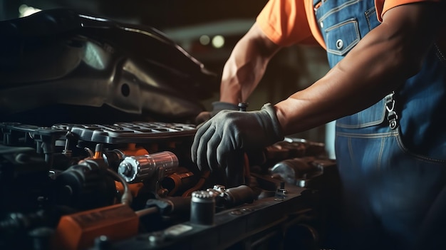 Le mani del meccanico che lavorano nei veicoli elettrici. Ai generativi.