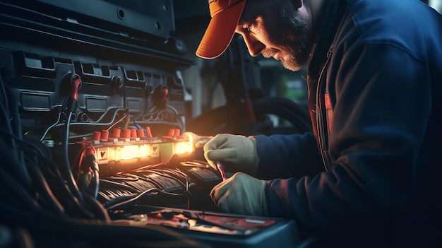 Le mani del meccanico che lavorano nei veicoli elettrici. Ai generativi.