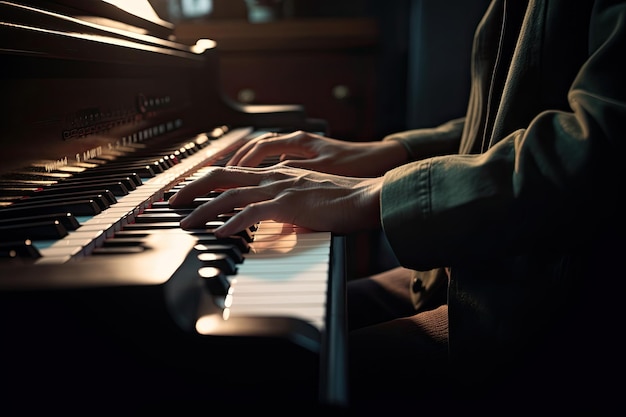 Le mani del musicista sulla tastiera del pianoforte Strumento musicale classico IA generativa