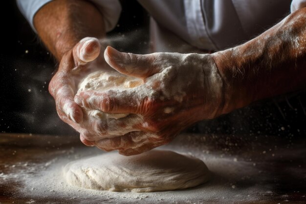 Le mani del panettiere che spolverano la farina sulla pasta cruda AI generativa