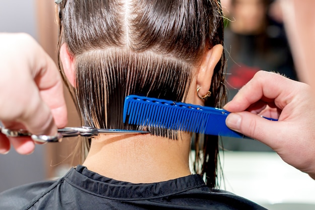 Le mani del parrucchiere taglia i capelli della donna vista ravvicinata e posteriore.