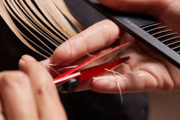 Le mani del parrucchiere tengono un filo di capelli tra le dita facendo un taglio di capelli lunghi della giovane donna con pettine e forbici nel salone di parrucchieri da vicino