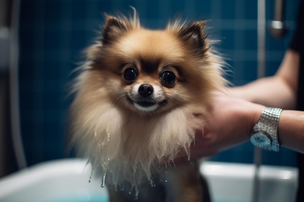 Le mani del toelettatore lavano un cane Pomerania al bagno del salone di toelettatura