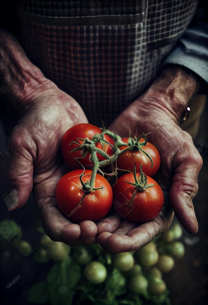 Le mani dell'agricoltore che tengono diversi pomodori maturi generati dall'AI